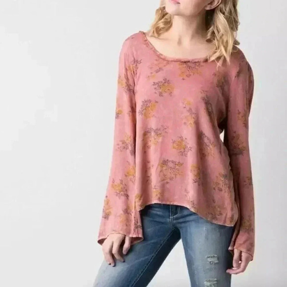 Gimmicks by BKE Sierra Pink Floral Long Sleeve Lace Up Blouse S - Picture 1 of 6